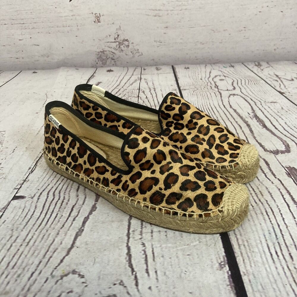 Soludos Loafer Womens 7 Leather Calf Hair Leopard Print Espadrille Flats Slip On